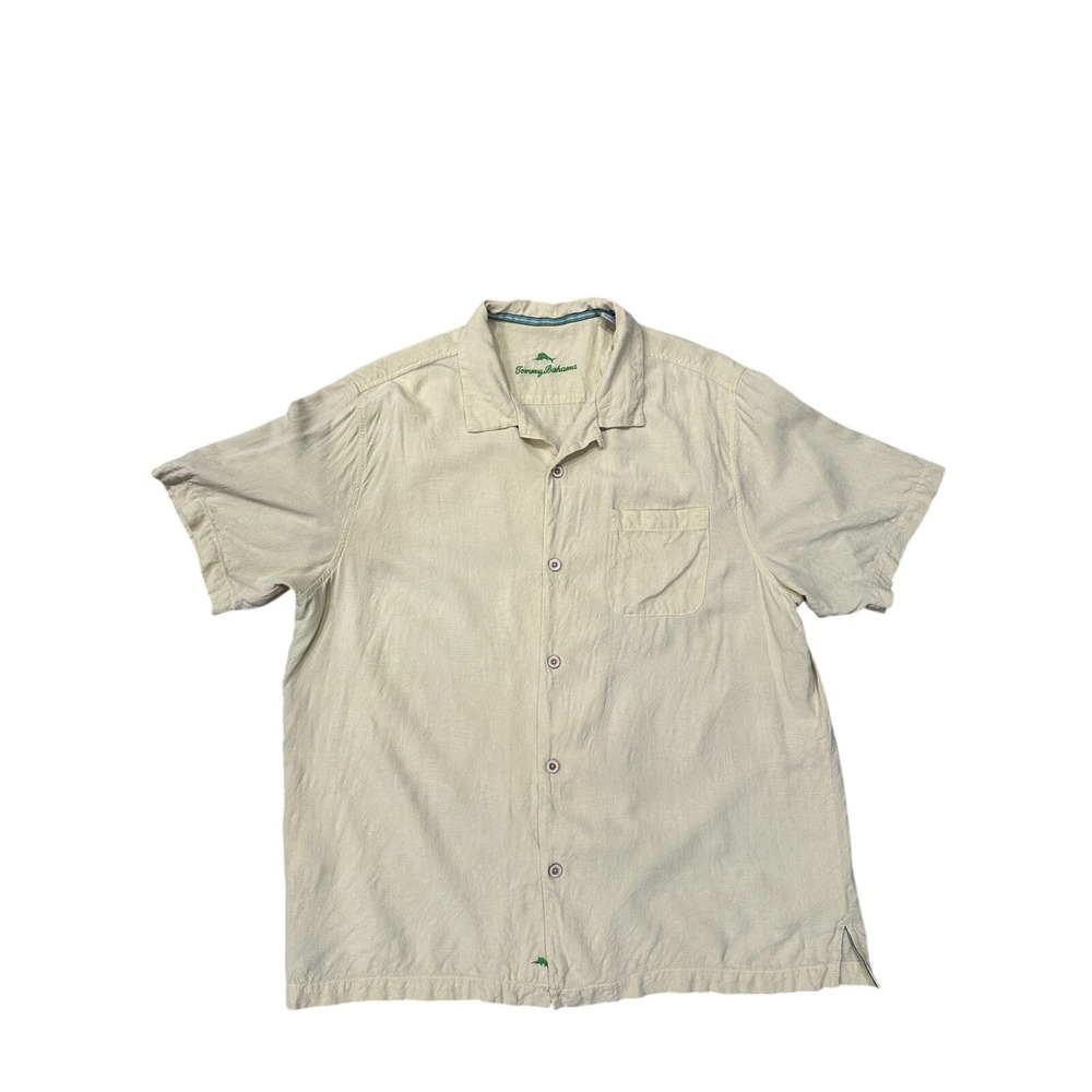 Tommy Bahama Mens Silk Short Sleeve Button Up Shirt XL TG Pale Yellow Palm Tree